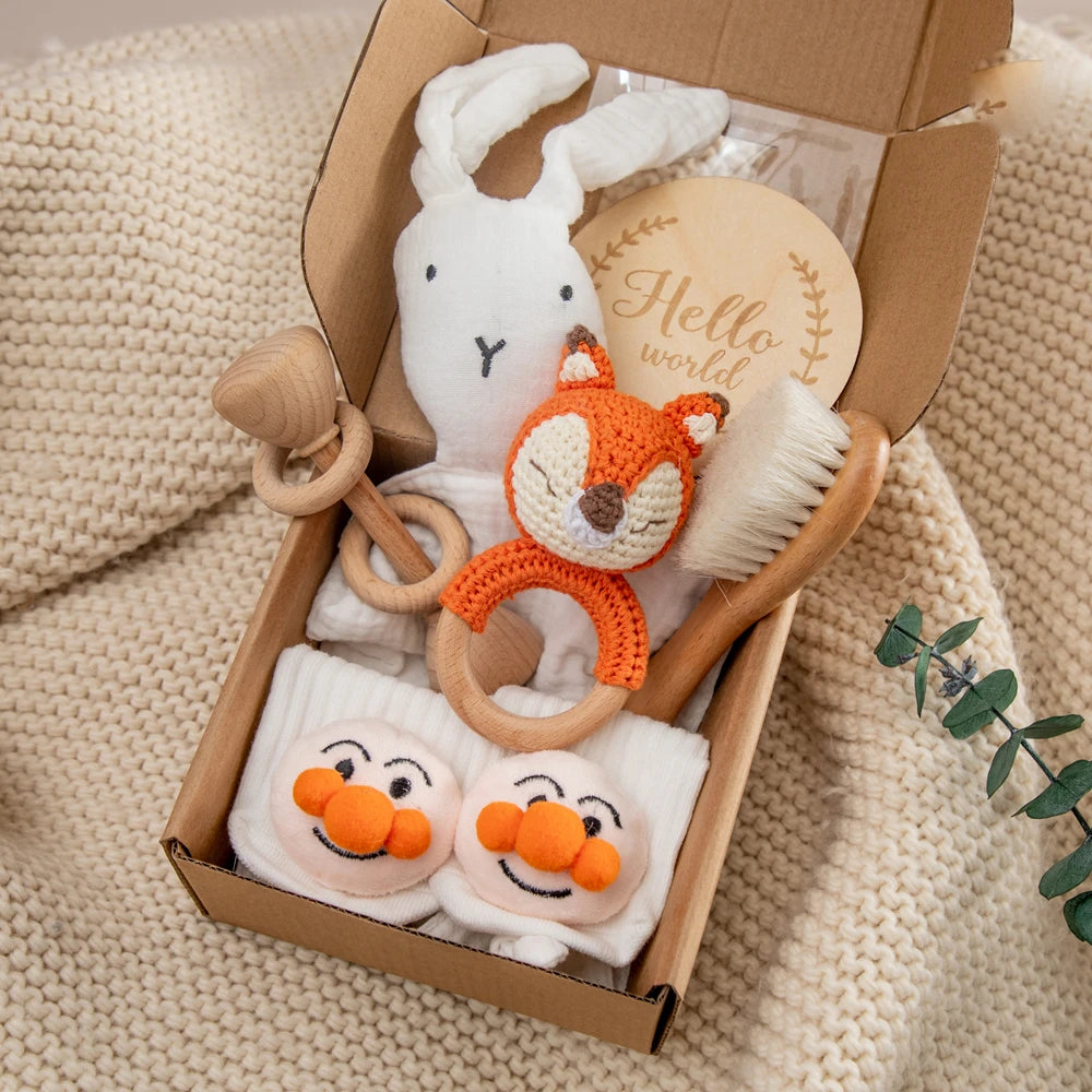 Coffret Cadeau Naissance Bébé - Doudou Hochet Bois Montessori - Cadeau Baby Shower