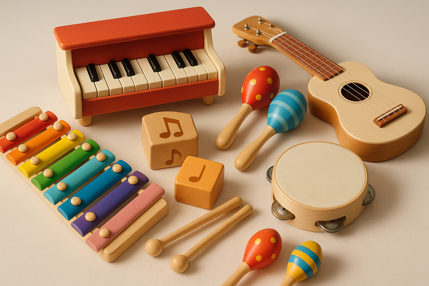 Génère moi une image pour ma collection Jouets musicaux et sonores un peu réaliste avec un mélange de plusieurs jouets. Et beau