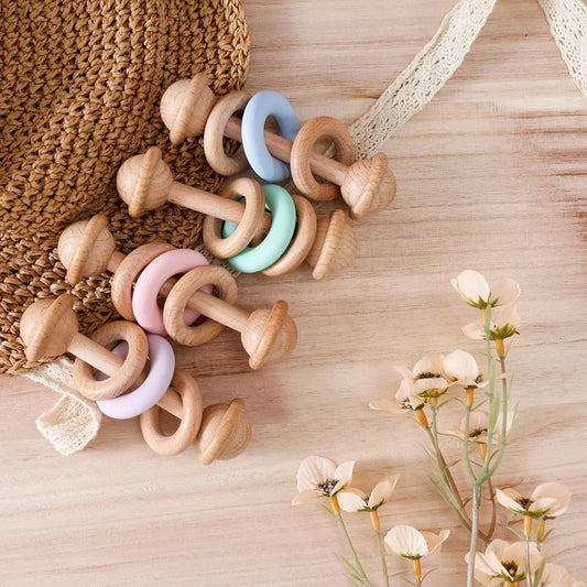 Hochet en bois de hêtre et silicone – Anneau de dentition bébé, jouet Montessori sensoriel - Nid’Éveil