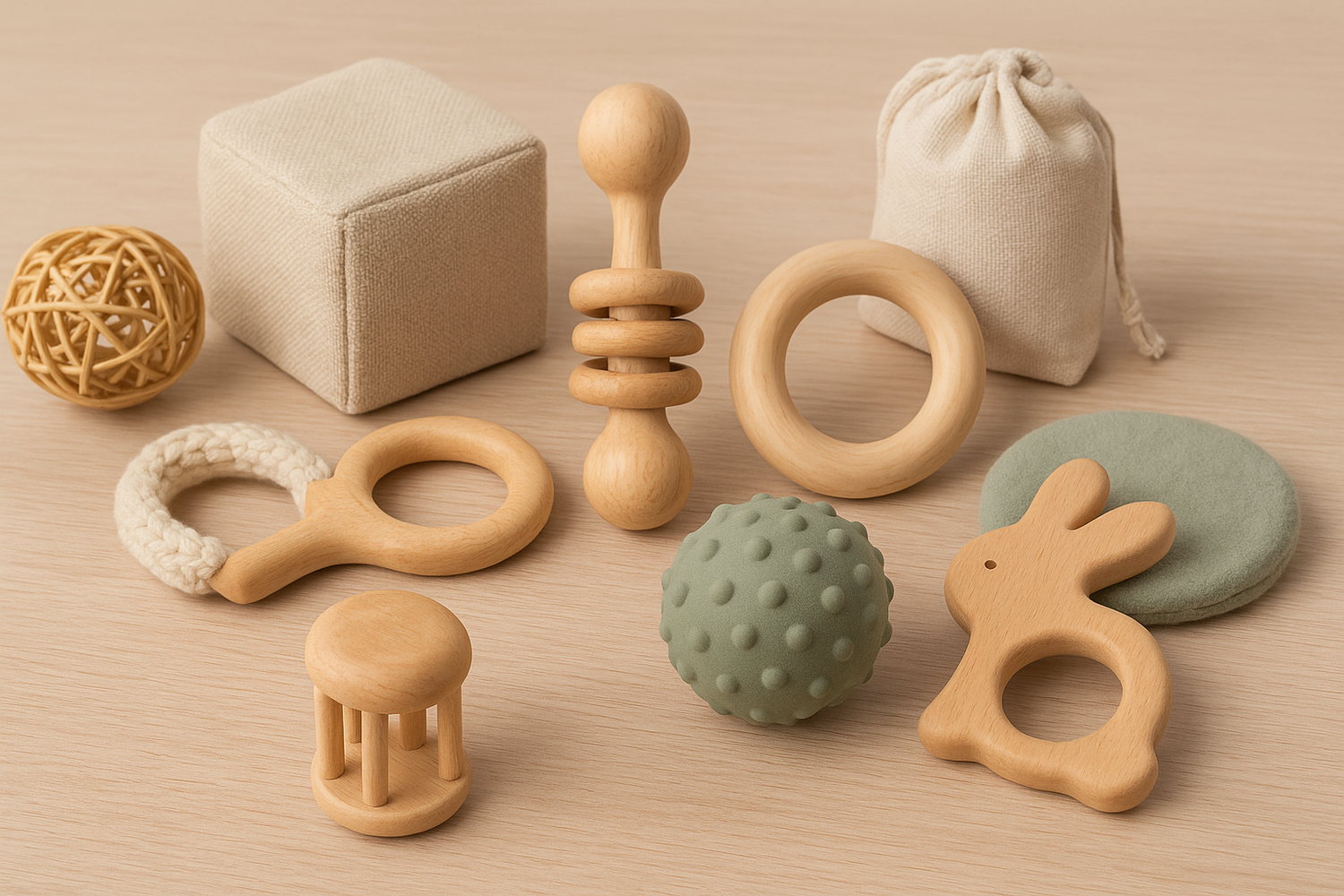 Jouets sensoriels et d'exploration pour bébé : balles texturées, jouets en bois naturel et accessoires Montessori d'éveil tactile