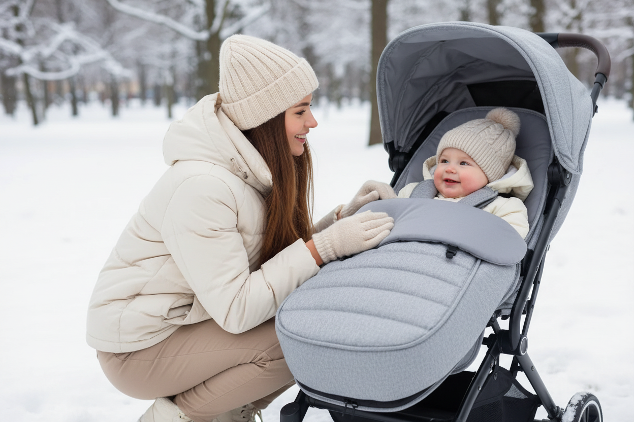 Gigoteuse poussette grise - Maman ajustant chancelière bébé confortable