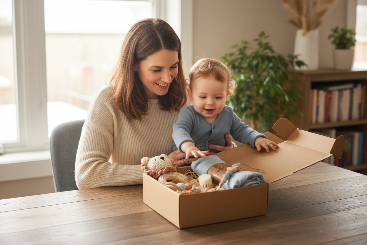 Maman et bébé recevant coffret cadeau naissance lion bleu Montessori Nid'Éveil