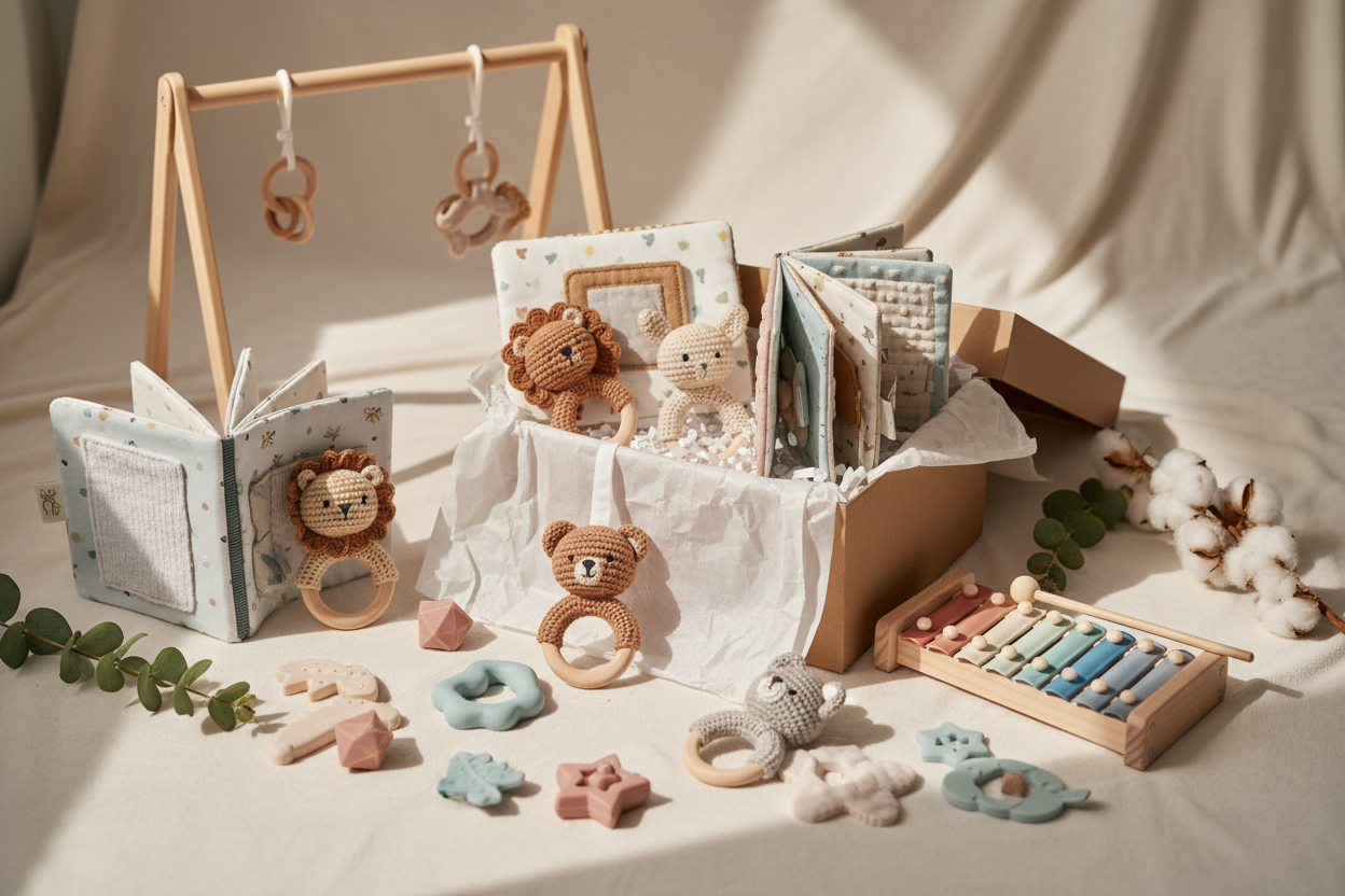 Packs cadeaux naissance bébé - Collection de jouets d'éveil Montessori en matériaux naturels : livres sensoriels en tissu, hochets de dentition en bois et crochet, anneaux en silicone, tapis d'éveil et jouets musicaux arrangés dans un emballage cadeau élégant