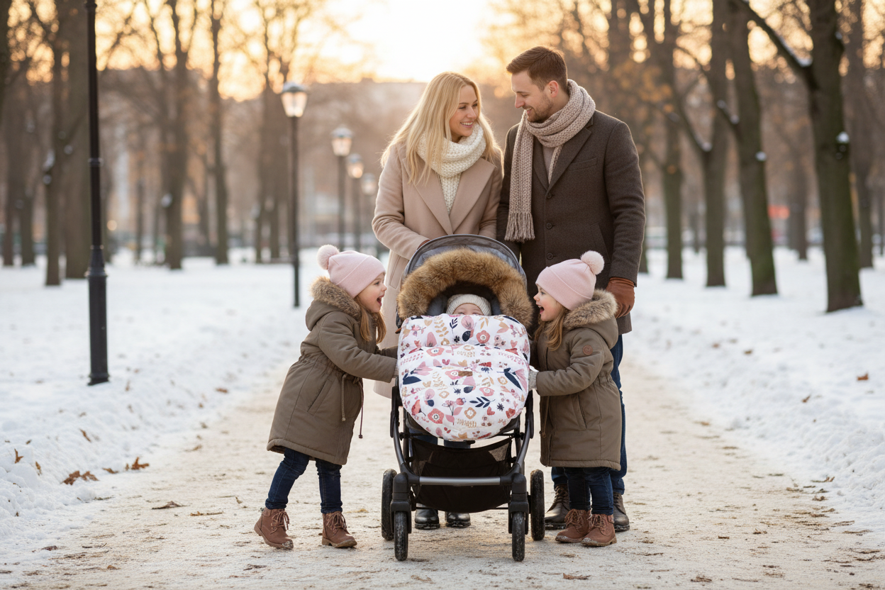 Parents et jumelles avec bébé en chancelière florale - Famille nombreuse hiver