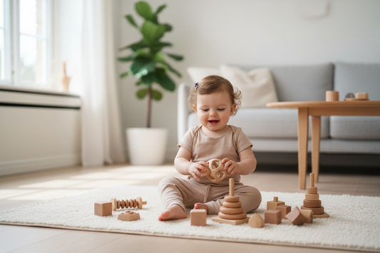  Bébé Léa jouant avec jouets Montessori en bois