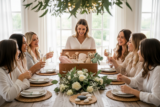 Baby shower cadeaux Montessori - Future maman ouvrant coffret cadeau en bois avec hochets et jouets naturels