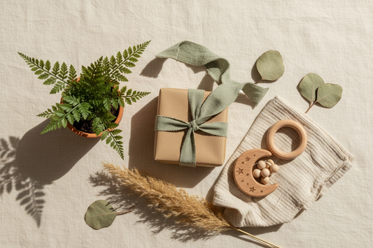 Collection de cadeaux de naissance éco-responsables et originaux : jouets Montessori en bois naturel, hochet de dentition, coffret cadeau emballé dans papier kraft recyclé avec ruban coton, décoration végétale eucalyptus, ambiance naturelle et durable