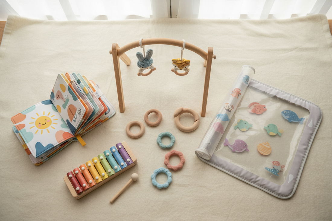 Collection de jouets sensoriels naturels Nid'Éveil - Hochets bois, livres tissu, xylophone et anneaux dentition bébé