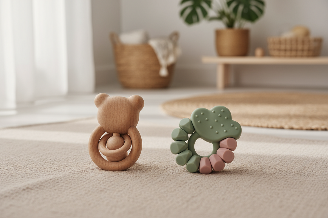 Comparaison entre hochet bébé en bois naturel et hochet en silicone pour l'éveil sensoriel et la dentition