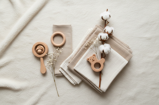 Liste de naissance minimaliste et éco-responsable : essentiels Montessori en bois naturel incluant hochet de dentition, anneau en bois et jouets d'éveil pour bébé