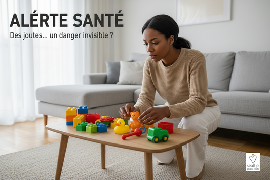 Maman inquiète examinant jouets en plastique - Alerte santé parentale