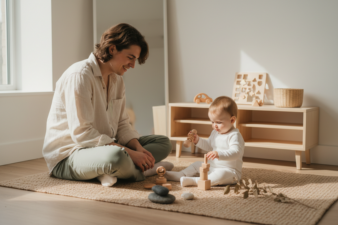 Parent appliquant Montessori à la maison avec bébé sur tapis d'éveil - Environnement simple avec jouets en bois - Pédagogie accessible sans budget élevé