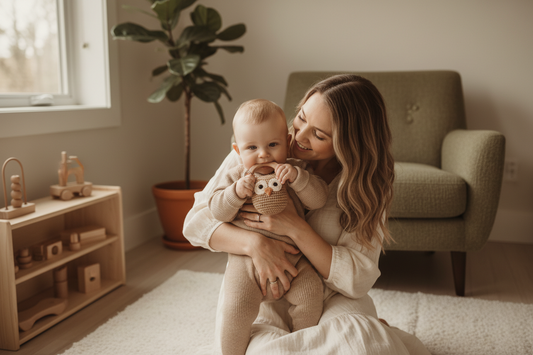 Maman tenant son bébé avec hochet de dentition Montessori en bois naturel et crochet