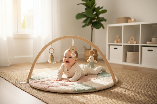 Bébé jouant sur un tapis d'éveil Montessori avec arche en bois et jouets suspendus dans un environnement naturel et lumineux
