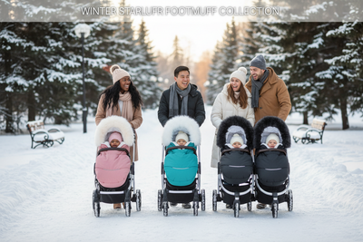 Familles en promenade hiver avec bébés dans chancelières pour poussette - Collection premium avec capuche fourrure