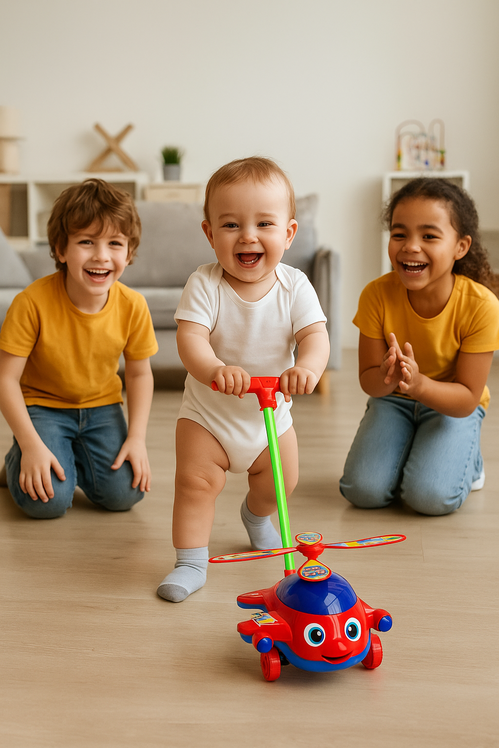 Petit garçon utilisant un trotteur hélicoptère musical Montessori rouge et bleu sous le regard fier de ses parents - Jouet d'éveil motricité bébé Nid'Éveil