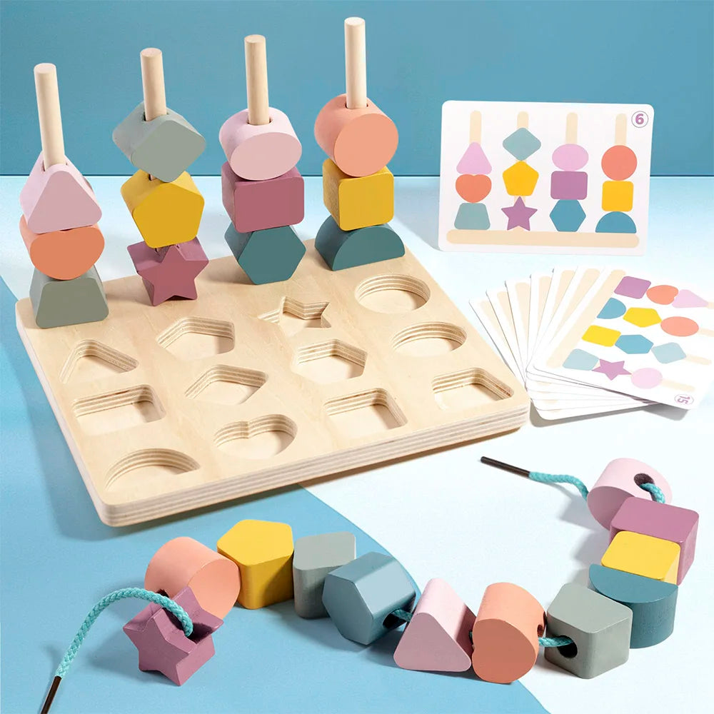 Jeu Montessori Bois - Puzzle Formes et Couleurs avec Perles à Enfiler - Jouet Éducatif Bébé 18 Mois+
