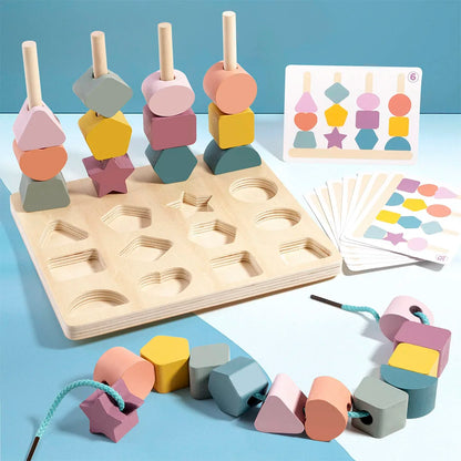 Jeu Montessori Bois - Puzzle Formes et Couleurs avec Perles à Enfiler - Jouet Éducatif Bébé 18 Mois+