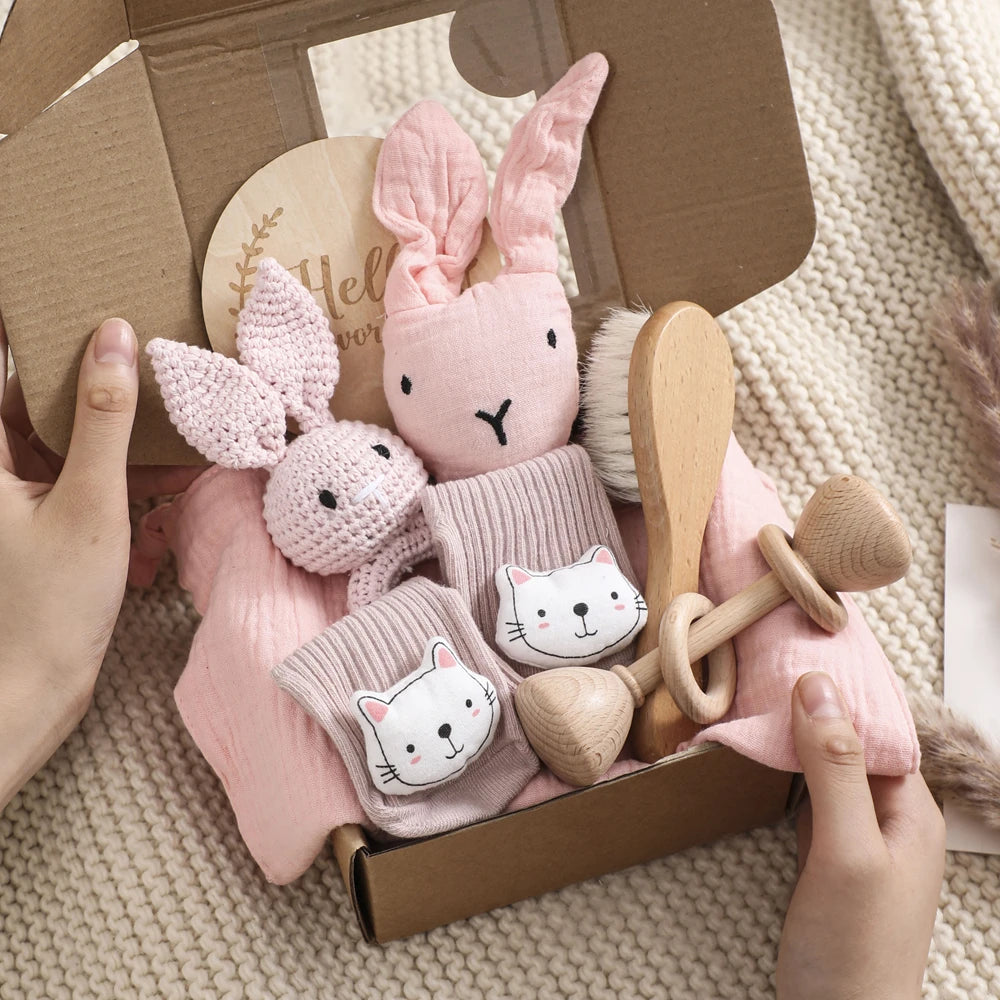 Coffret Cadeau Naissance Bébé - Doudou Hochet Bois Montessori - Cadeau Baby Shower