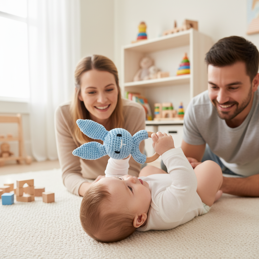 Hochet de dentition en bois de hêtre naturel et crochet coton pour bébé 0-36 mois - Jouet éveil Montessori Nid'Éveil
