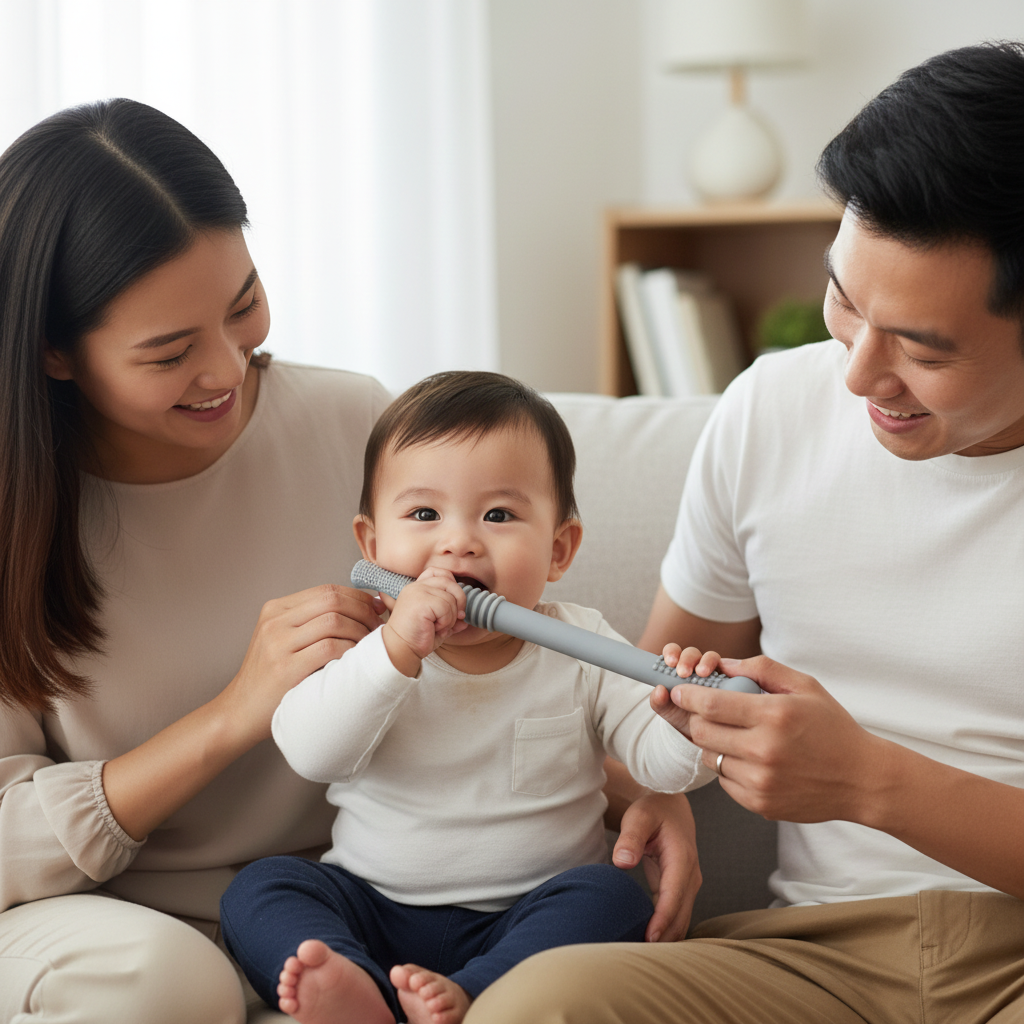 Bébé asiatique utilisant une brosse de dentition en silicone grise avec ses parents - Jouet de dentition sûr et non toxique pour soulager les gencives
