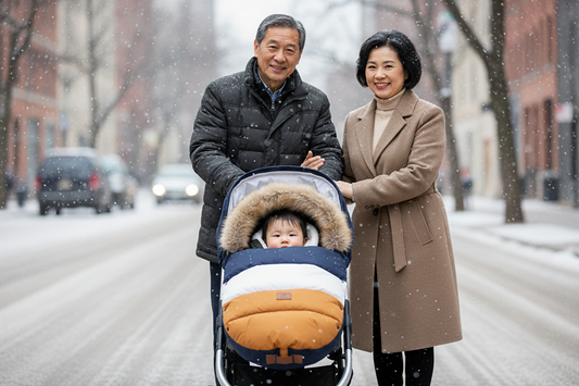 Bébé avec grands-parents ville hiver - Chancelière Polaris tricolore capuche fourrure