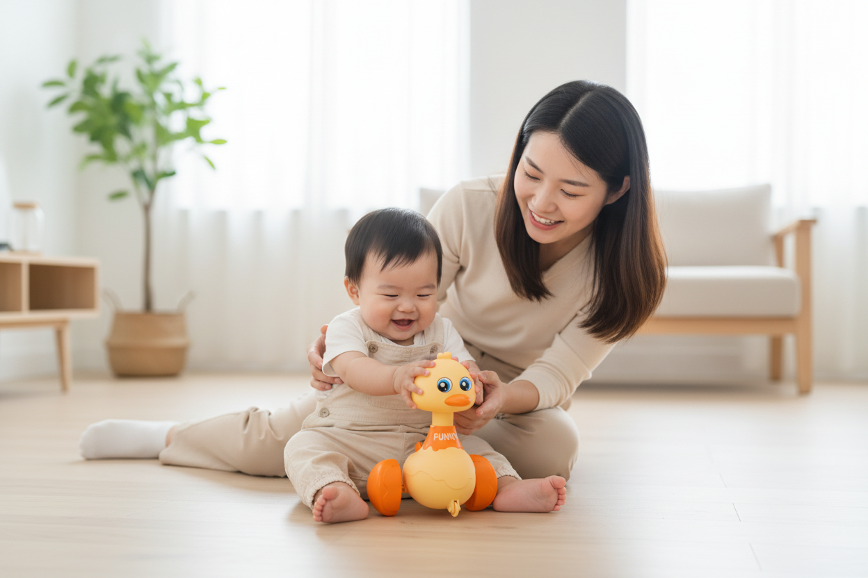 Maman et bébé jouant avec canard à roulettes jaune - Moment famille