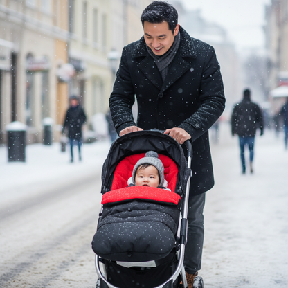 Bébé avec papa en ville hiver - Chancelière poussette rouge et noire imperméable
