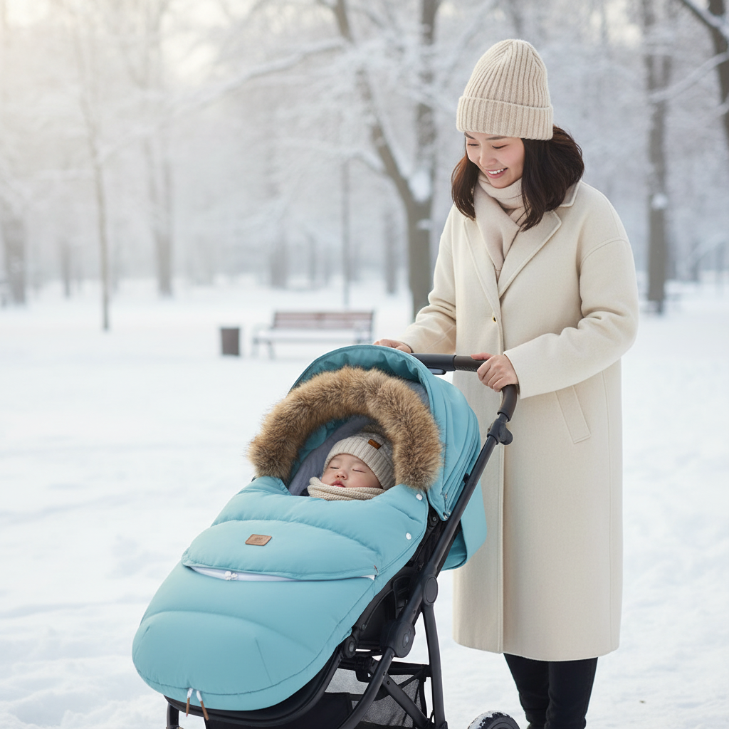 Moment tendre maman-bébé asiatique en promenade hivernale - ambiance familiale chaleureuse