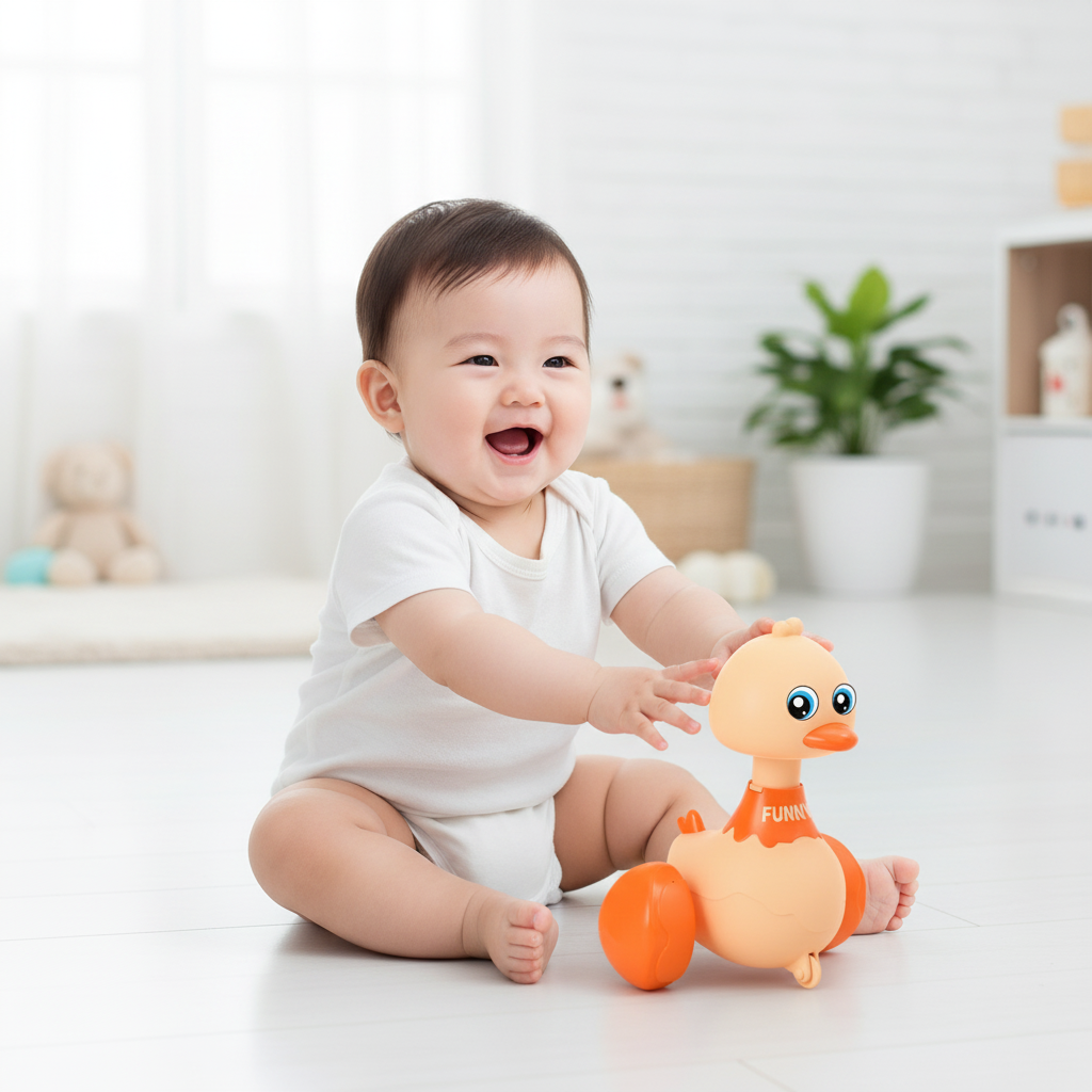 Bébé asiatique jouant avec canard à roulettes jaune - Jouet d'éveil