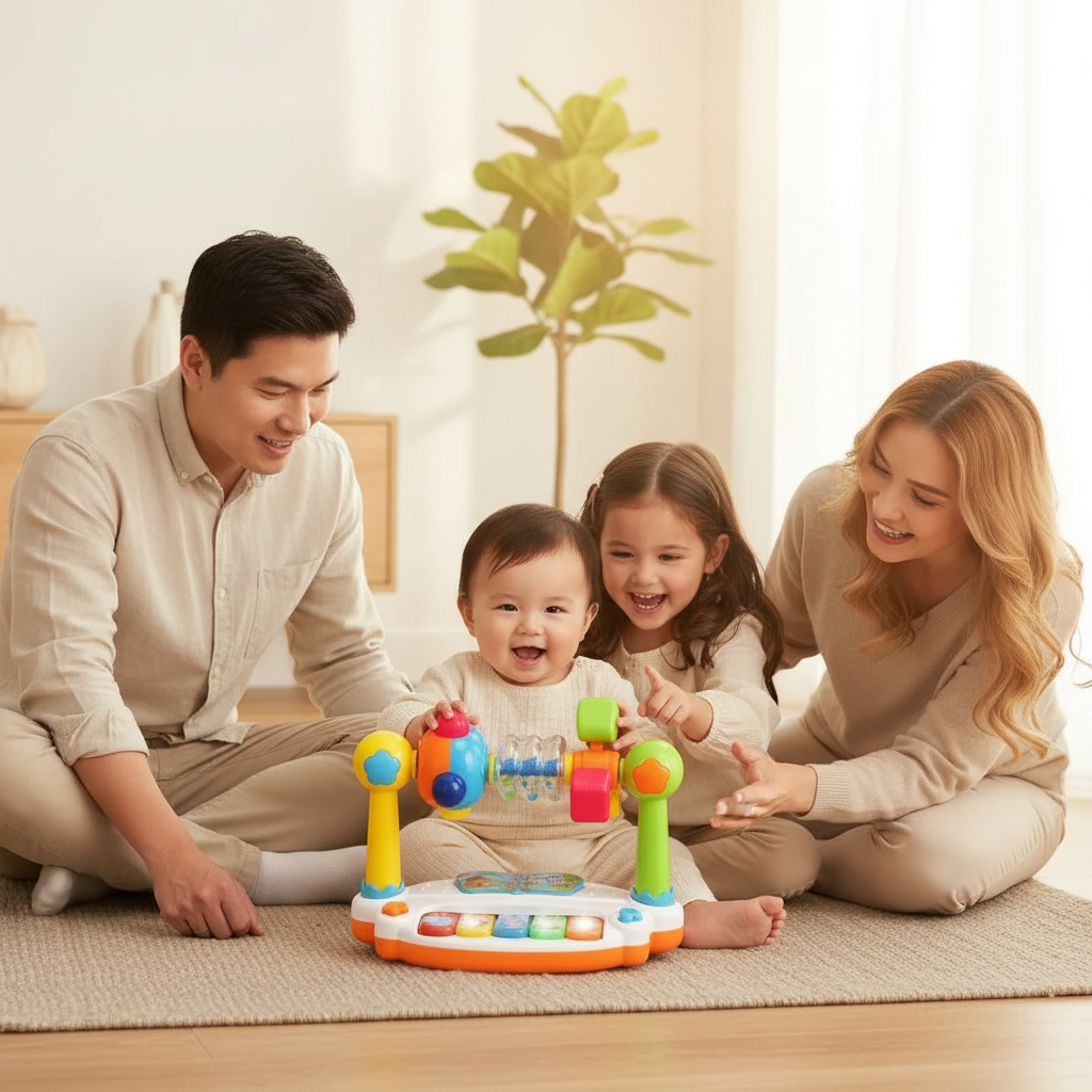 Bébé asiatique s'amusant avec jouet piano éducatif accompagné de ses parents et son frère dans un intérieur moderne