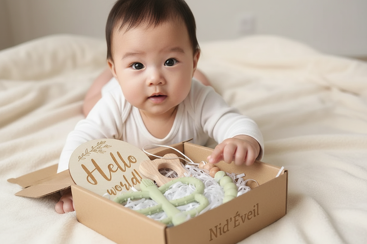 Bébé découvrant coffret cadeau naissance vert - Hochet éléphant silicone et jouets Montessori bois naturel
