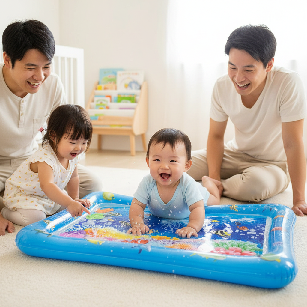 Tapis d'eau sensoriel gonflable pour bébé avec thème océan, méduses et poissons colorés