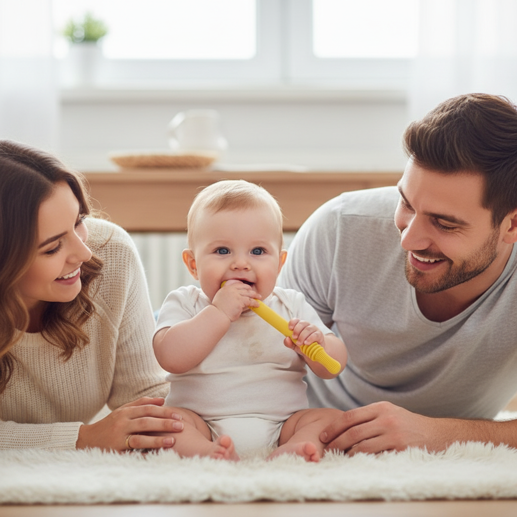 Brosse de dentition silicone jaune pour bébé - Jouet molaire creux non toxique et durable
