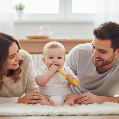 Brosse de dentition silicone jaune pour bébé - Jouet molaire creux non toxique et durable
