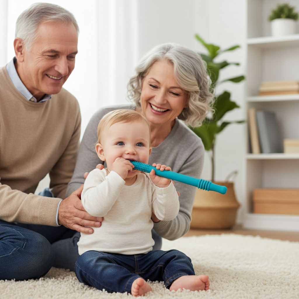 Bébé utilisant une brosse de dentition en silicone turquoise avec ses grands-parents - Jouet de dentition sûr et non toxique pour soulager les gencives
