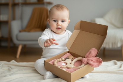 Bébé découvrant coffret-cadeau naissance rose foncé- Hochet bois, mousseline et attache-tétine Montessori
