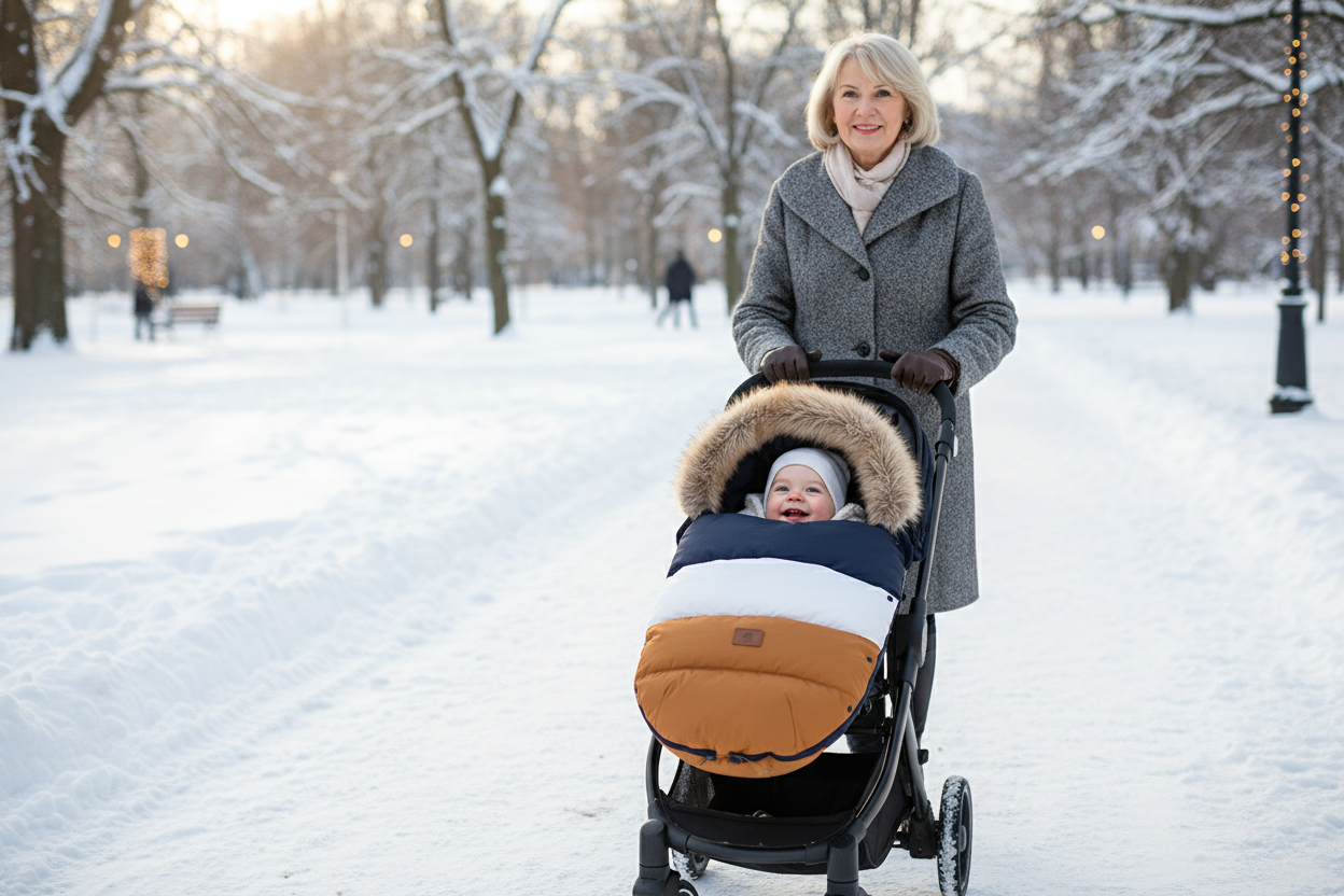 Bébé avec grand-mère promenade hiver - Chancelière Polaris tricolore bleu blanc orange