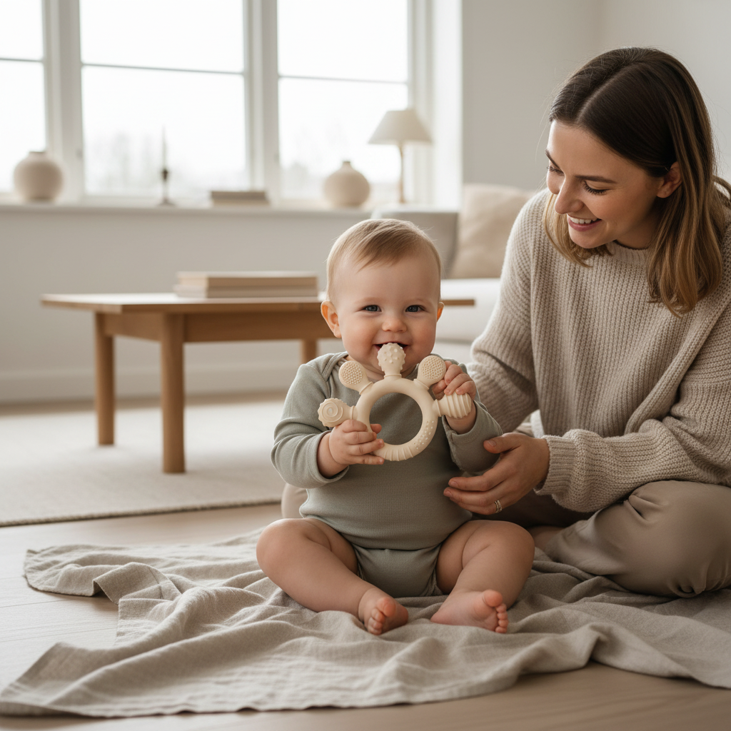 Anneau de dentition bébé en silicone alimentaire – Jouet sensoriel doux, soulage les gencives et favorise l’éveil - Nid’Éveil
