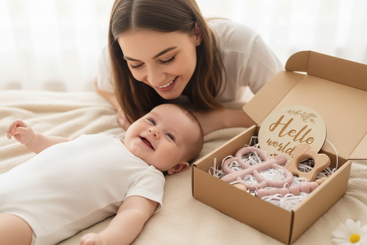 Coffret cadeau naissance 4 pièces rose - Hochet éléphant silicone, attache-tétine bois et disque Hello World Montessori
