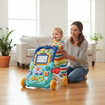 Trotteur musical bleu pour bébé avec ardoise magique et activités interactives