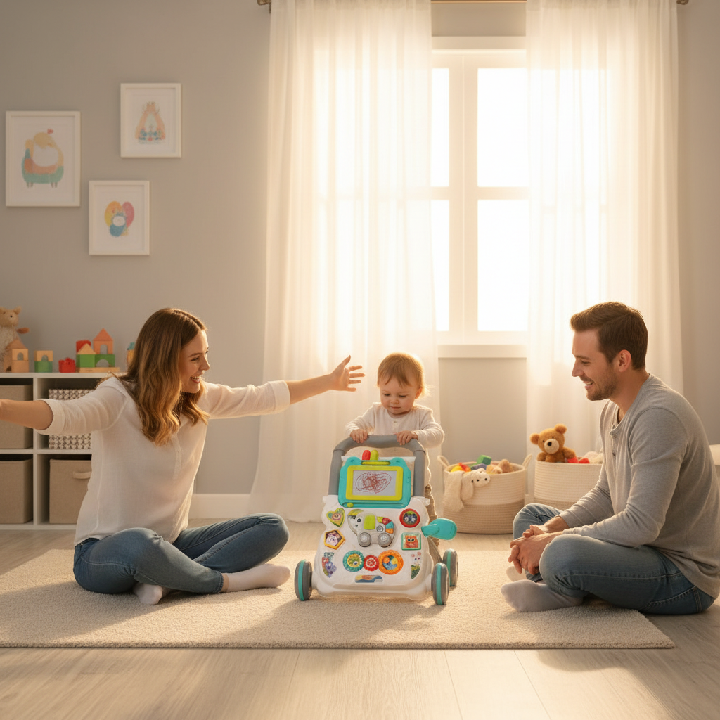 Trotteur musical 3-en-1 blanc pour bébé avec tableau d'activités et ardoise magique