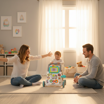 Trotteur musical 3-en-1 blanc pour bébé avec tableau d'activités et ardoise magique