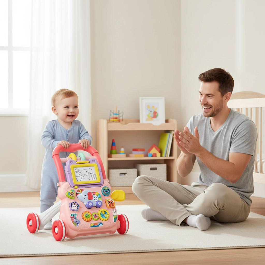 Trotteur musical rose pour bébé avec chariot de marche et tableau d'éveil