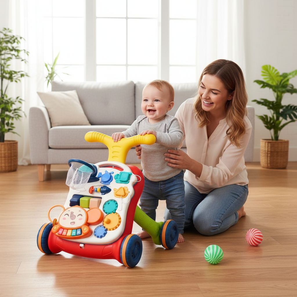 Trotteur musical rouge et table d'activités ronde pour bébé multicolore