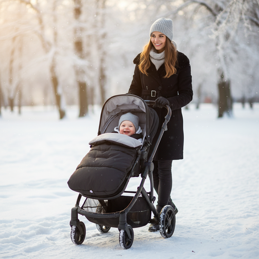 Bébé en promenade hiver avec maman - Chancelière poussette gris clair et noire universelle
