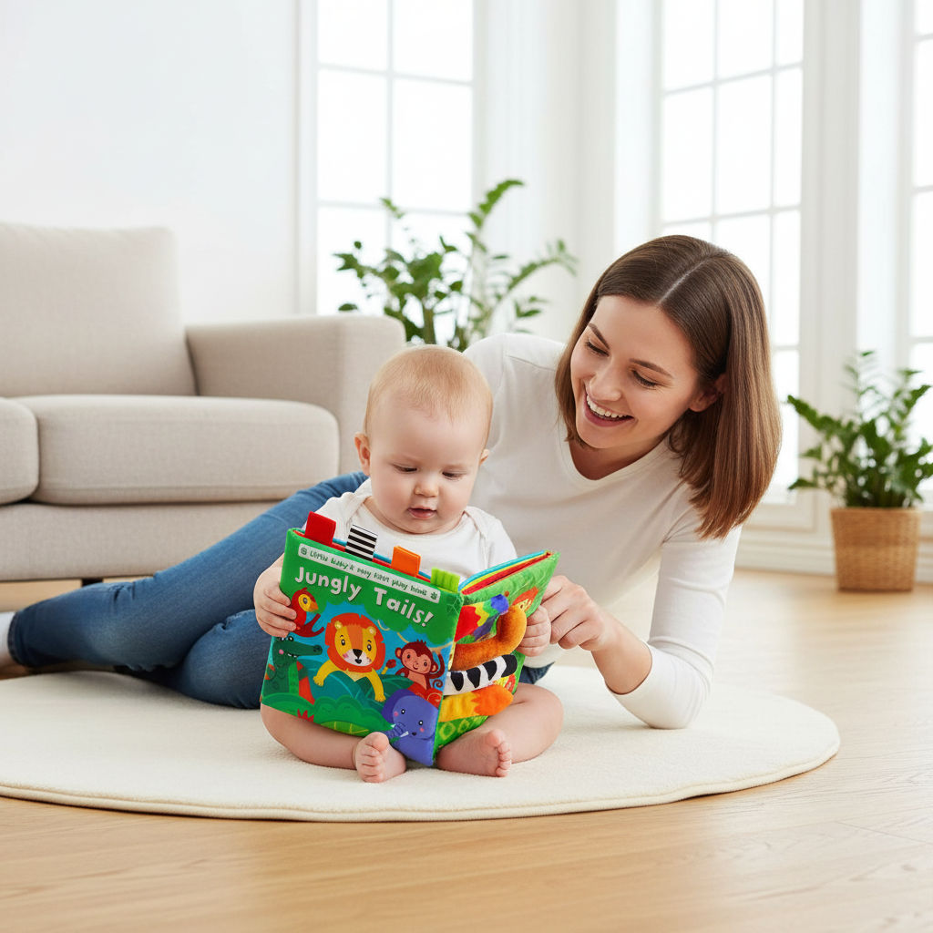 Livre sensoriel bébé en tissu avec queues d'animaux 3D pour 0-18 mois. Stimule éveil tactile, motricité fine et reconnaissance visuelle. 4 thèmes disponibles : Jungle, Ferme, Cirque, Océan. Tissu doux résistant aux déchirures, mordillable sans danger. 8 pages colorées avec textures variées. Certifié CE, lavable en machine. Parfait pour développement sensoriel et moments parent-enfant.
