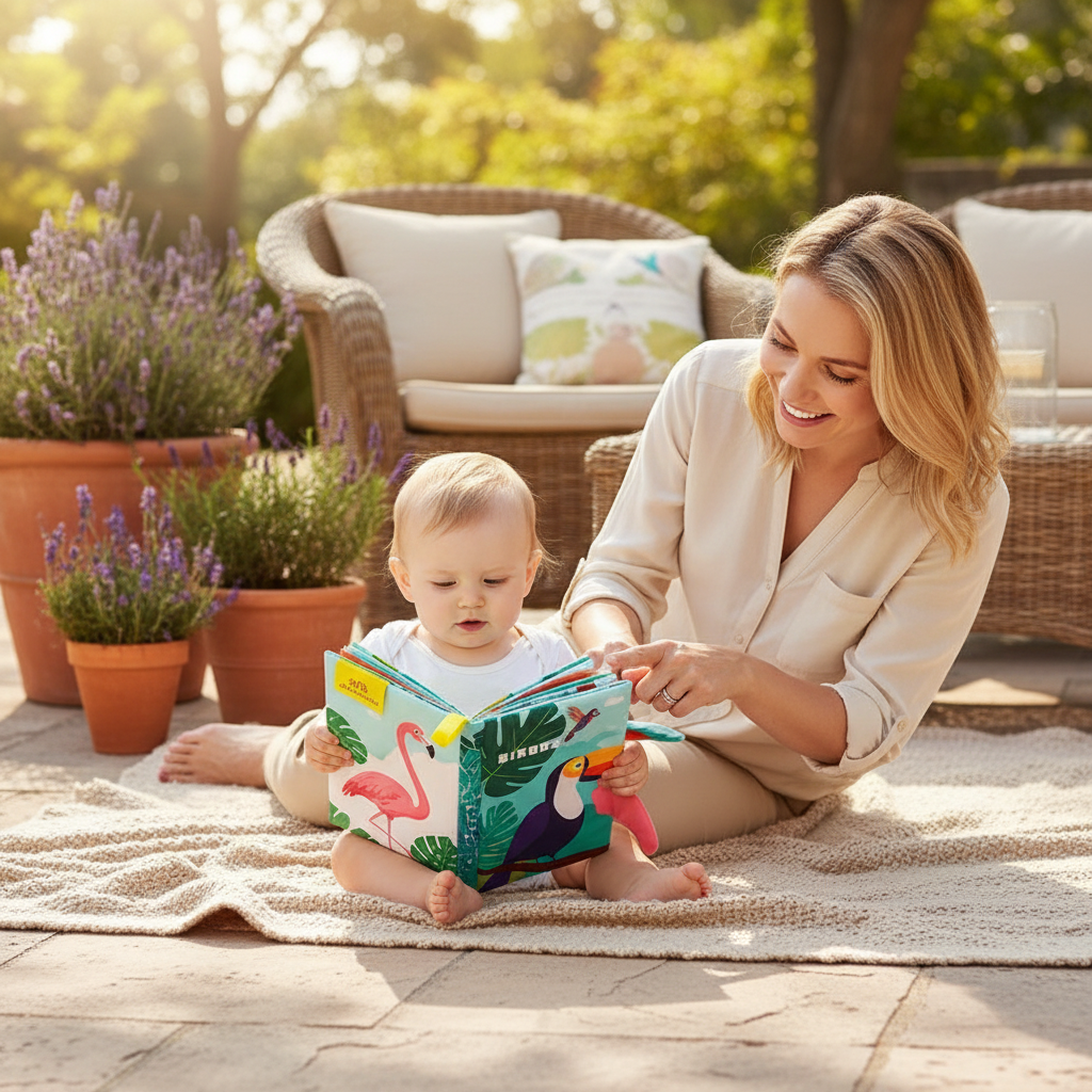 Livre sensoriel tissu bébé - oiseaux tropicaux toucan et perroquet colorés