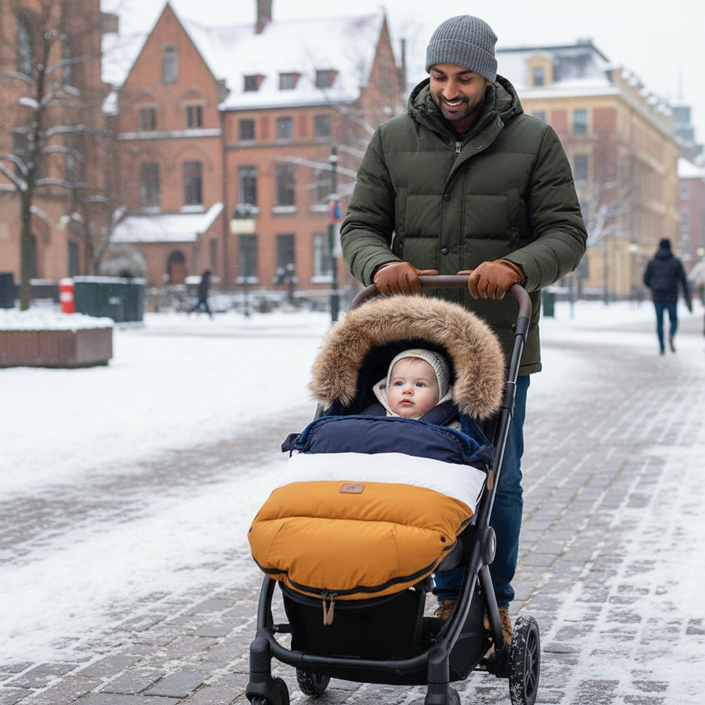 Bébé avec papa ville hiver - Chancelière tricolore bleu blanc orange capuche fourrure
