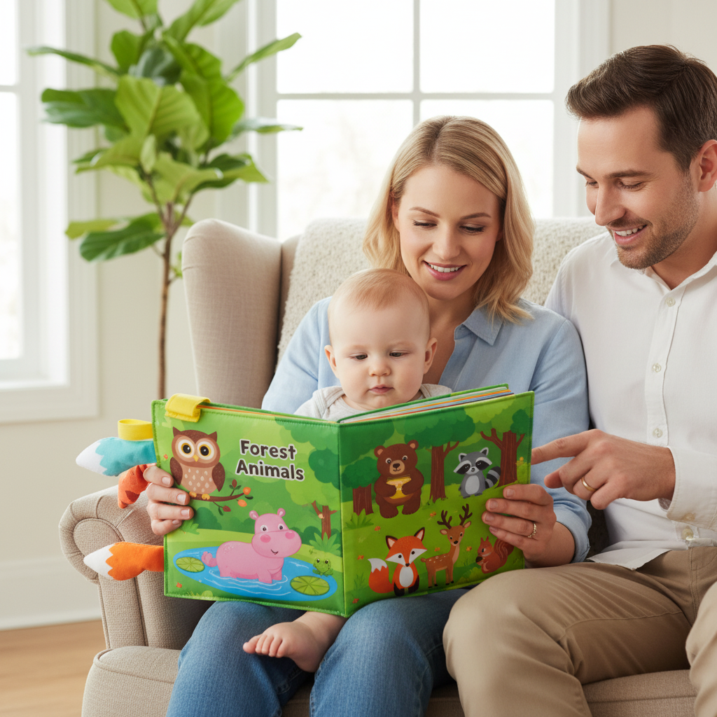 Livre sensoriel bébé en tissu avec animaux marins - pieuvre, requin et crabe colorés